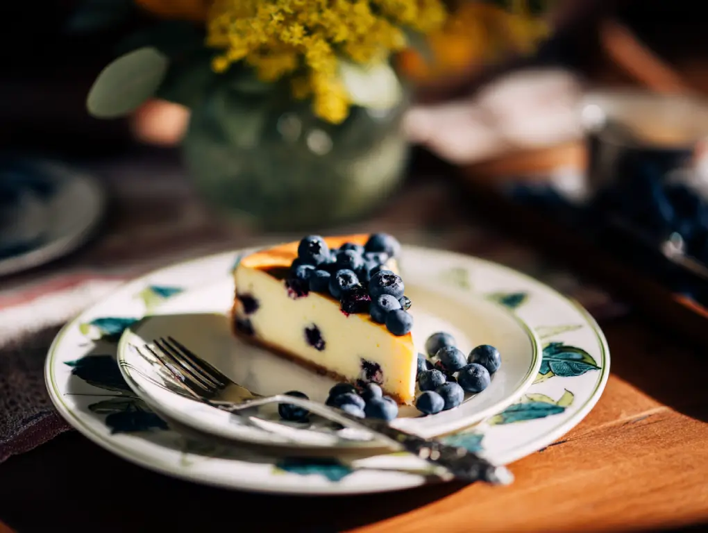 Complete lemon blueberry cheesecake ready to serve