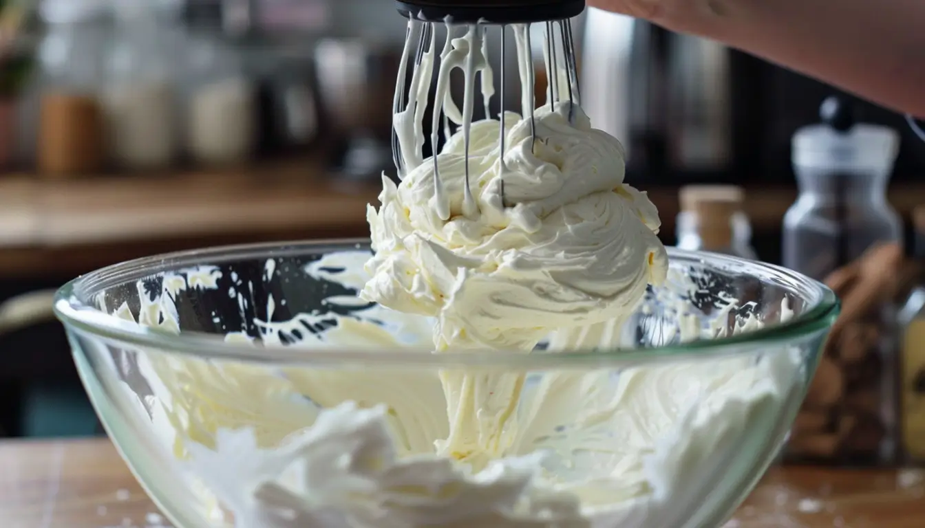 Electric mixer beating cream cheese until fluffy