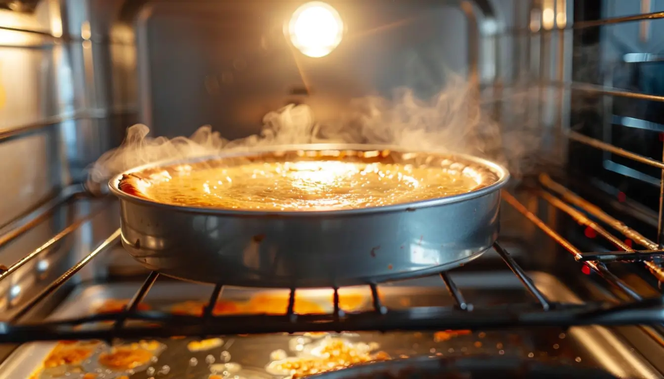 Cheesecake in water bath in oven