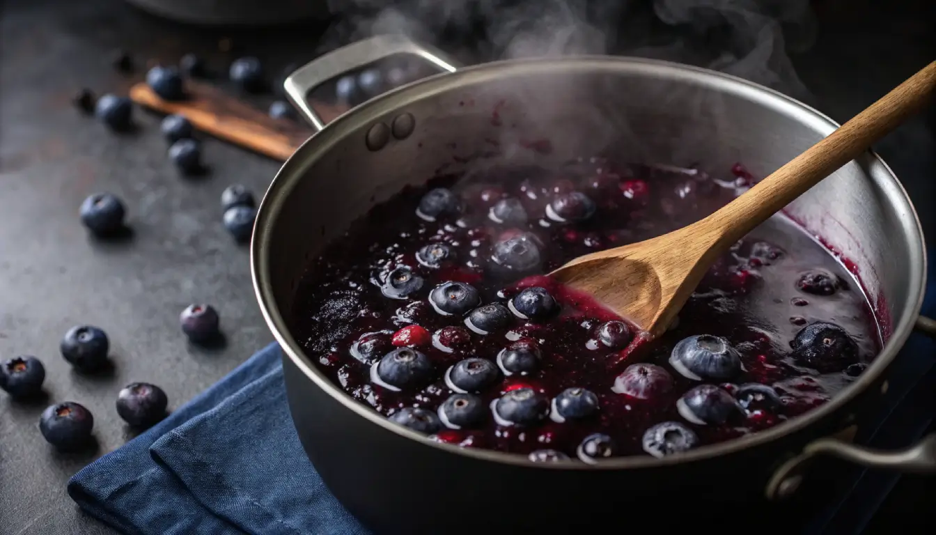 Glossy blueberry compote in a saucepan