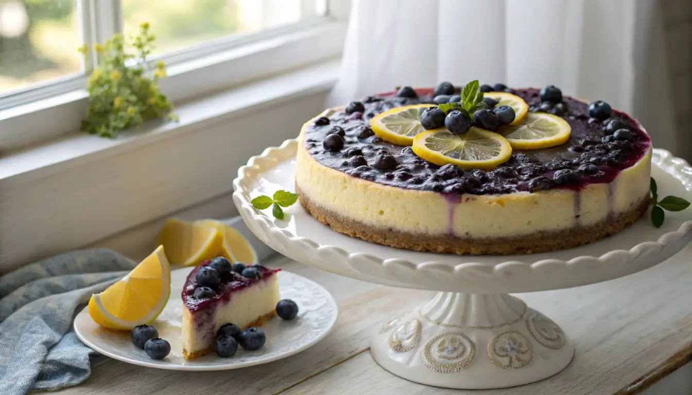 Completed lemon blueberry cheesecake with topping