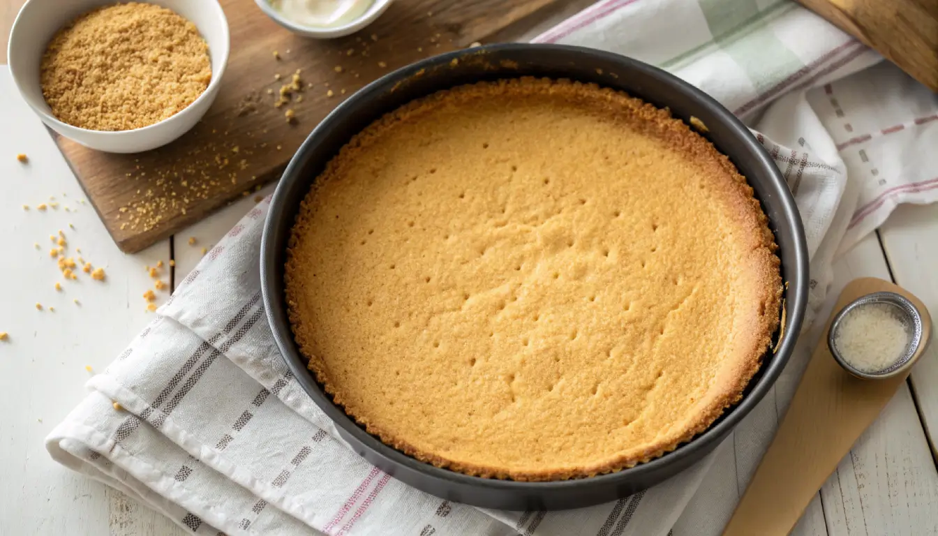 Golden brown graham cracker crust in springform pan