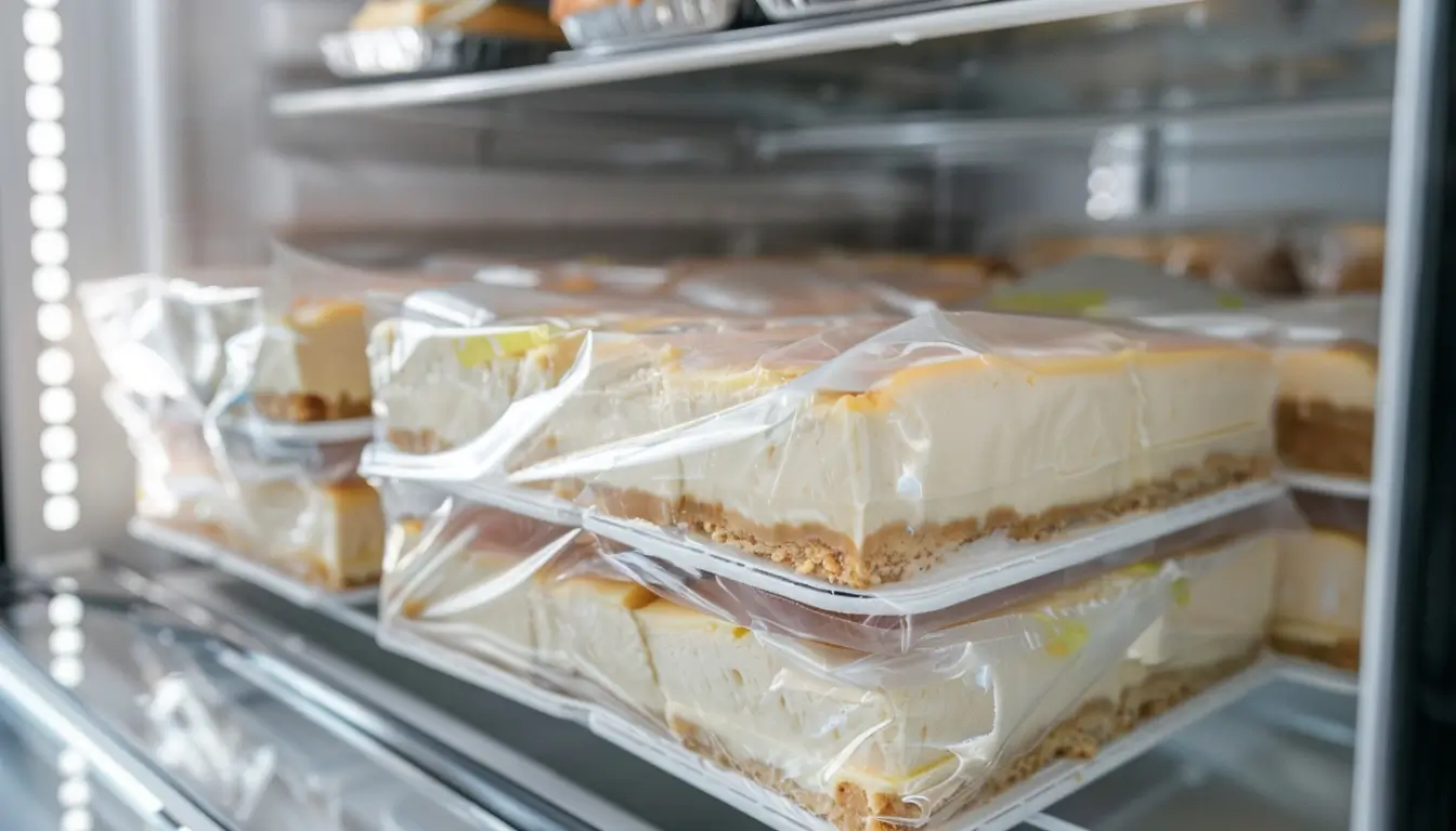Wrapped cheesecake slices ready for storage