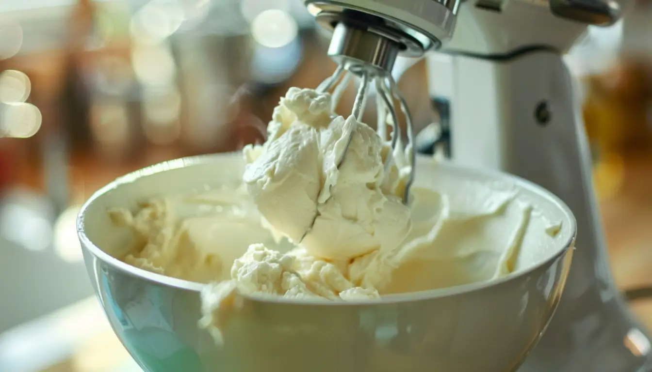 Cream cheese being beaten until smooth in mixing bowl