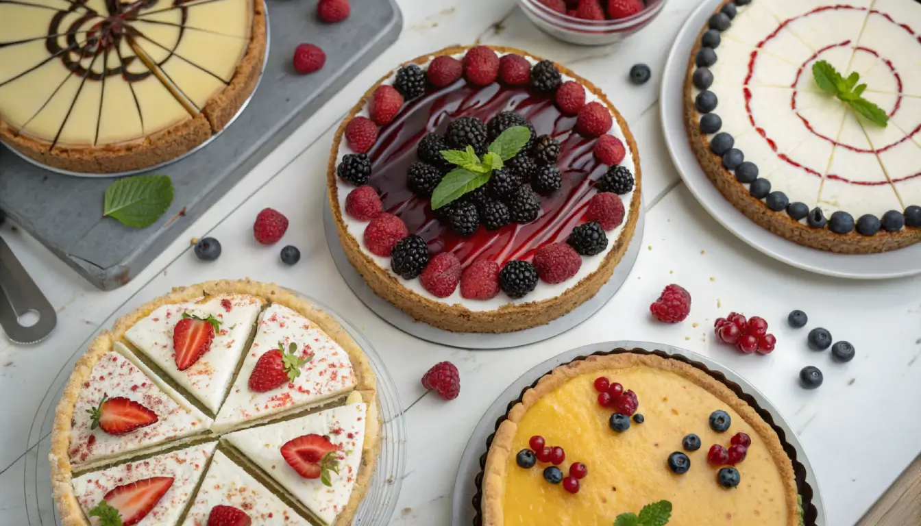 Different cheesecake variations and toppings
