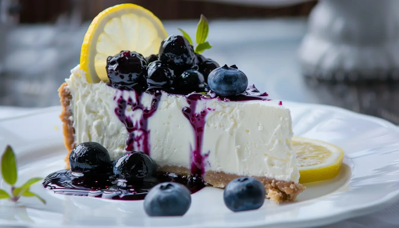 Slice of creamy lemon blueberry cheesecake with fresh blueberries on top