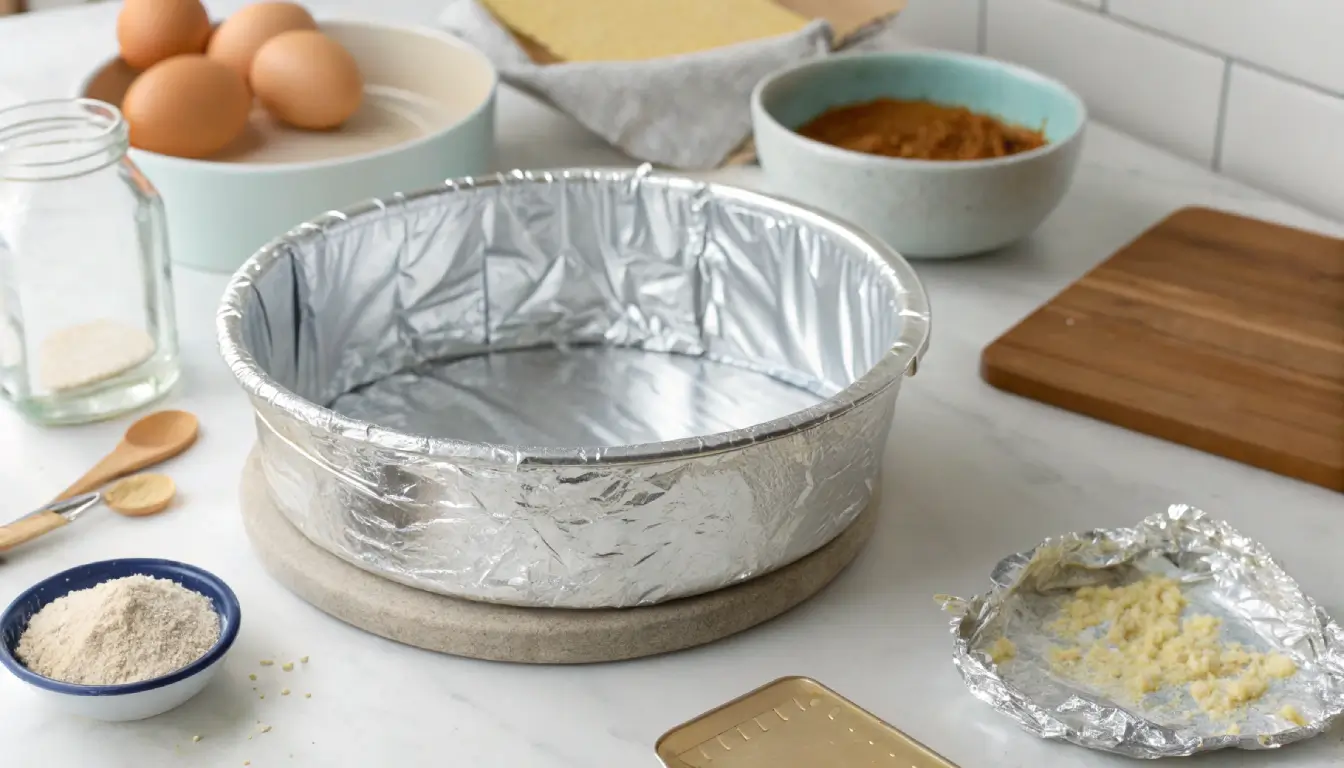 Springform pan wrapped in aluminum foil