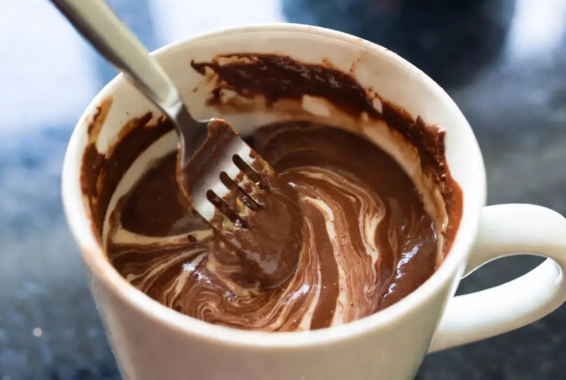 Mixing batter for eggless chocolate mug cake no baking powder