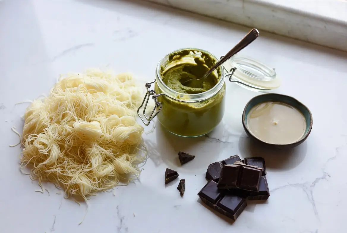 Ingredients laydown showing kataifi pastry, pistachio cream jar, tahini, and chocolate