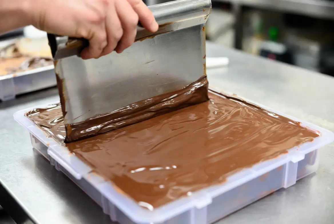 Bench scraper leveling off the back of the chocolate bar mold