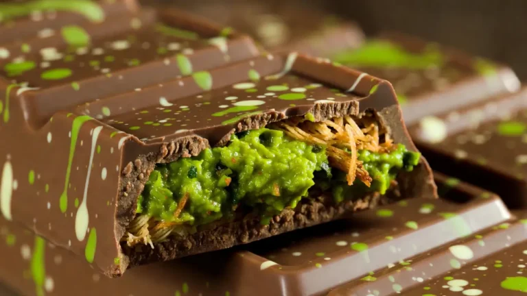 Close-up cross section of a viral Dubai chocolate bar featuring a glossy milk chocolate shell with green splatter art, filled with crunchy toasted kataifi pastry and vibrant pistachio cream.