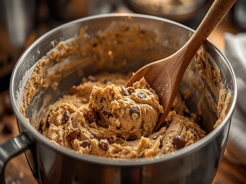 Flour being mixed into wet cookie dough ingredients
