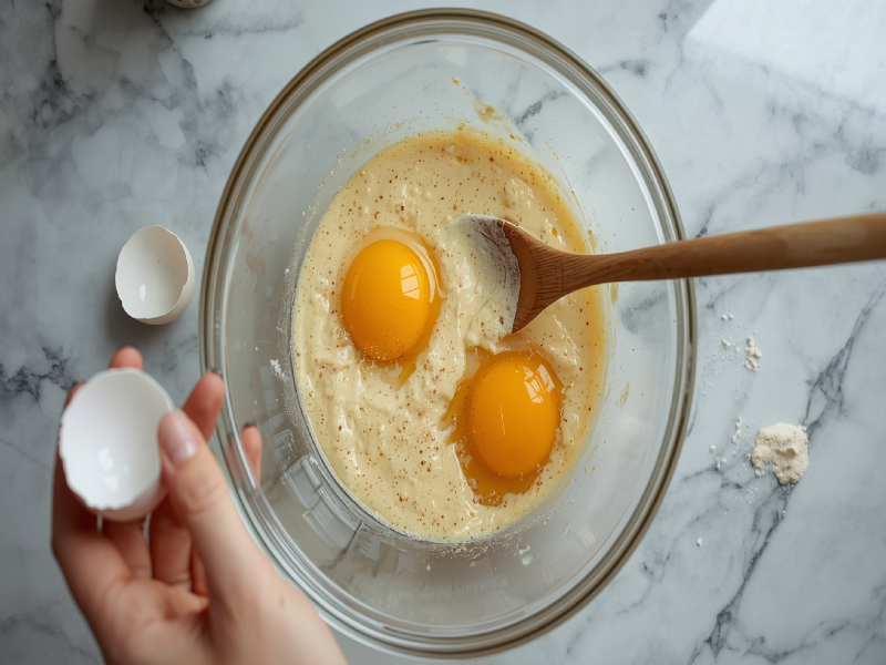 Eggs being added to cookie dough mixture