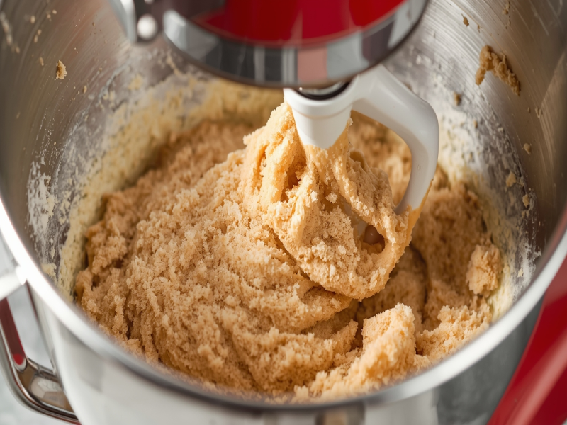 Light and fluffy butter and sugar mixture in a stand mixer bowl