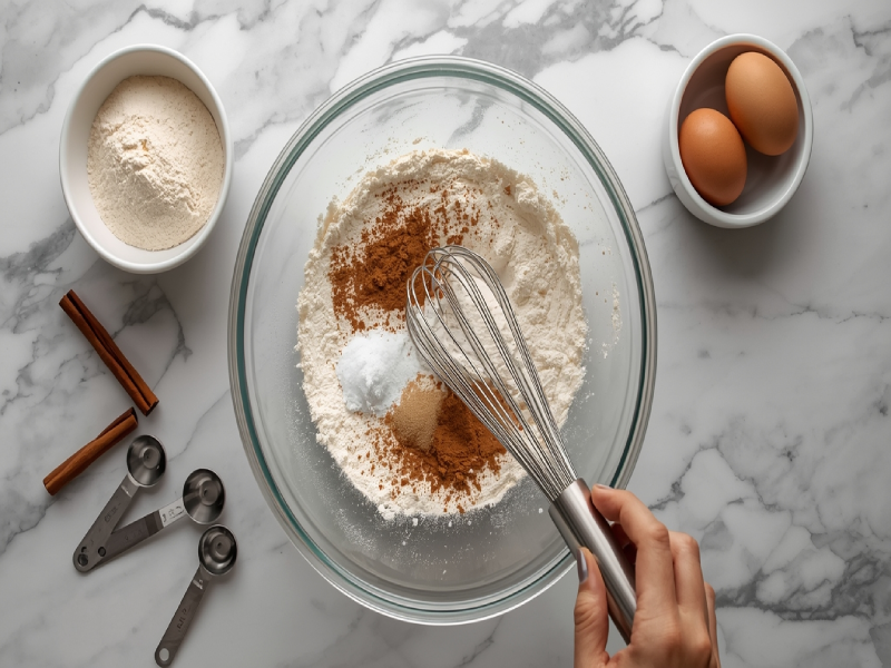 Flour, baking soda, salt and cinnamon whisked together in a bowl