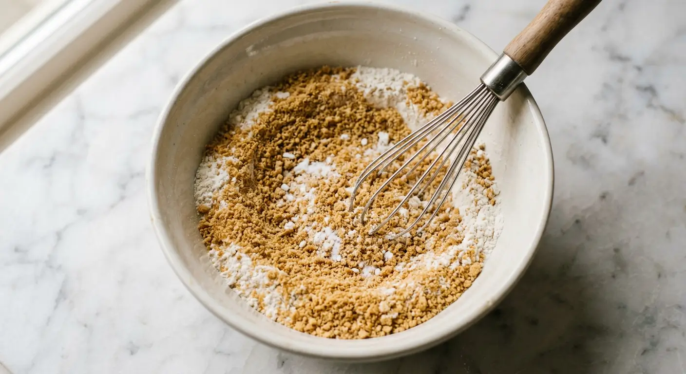 graham cracker crumbs whisked with flour and baking soda in bowl for s'mores cookie dough