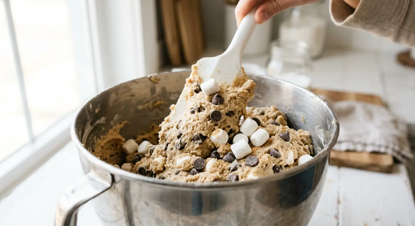 mini marshmallows and chocolate chips being folded into s'mores cookie dough in stand mixer bowl with rubber spatula