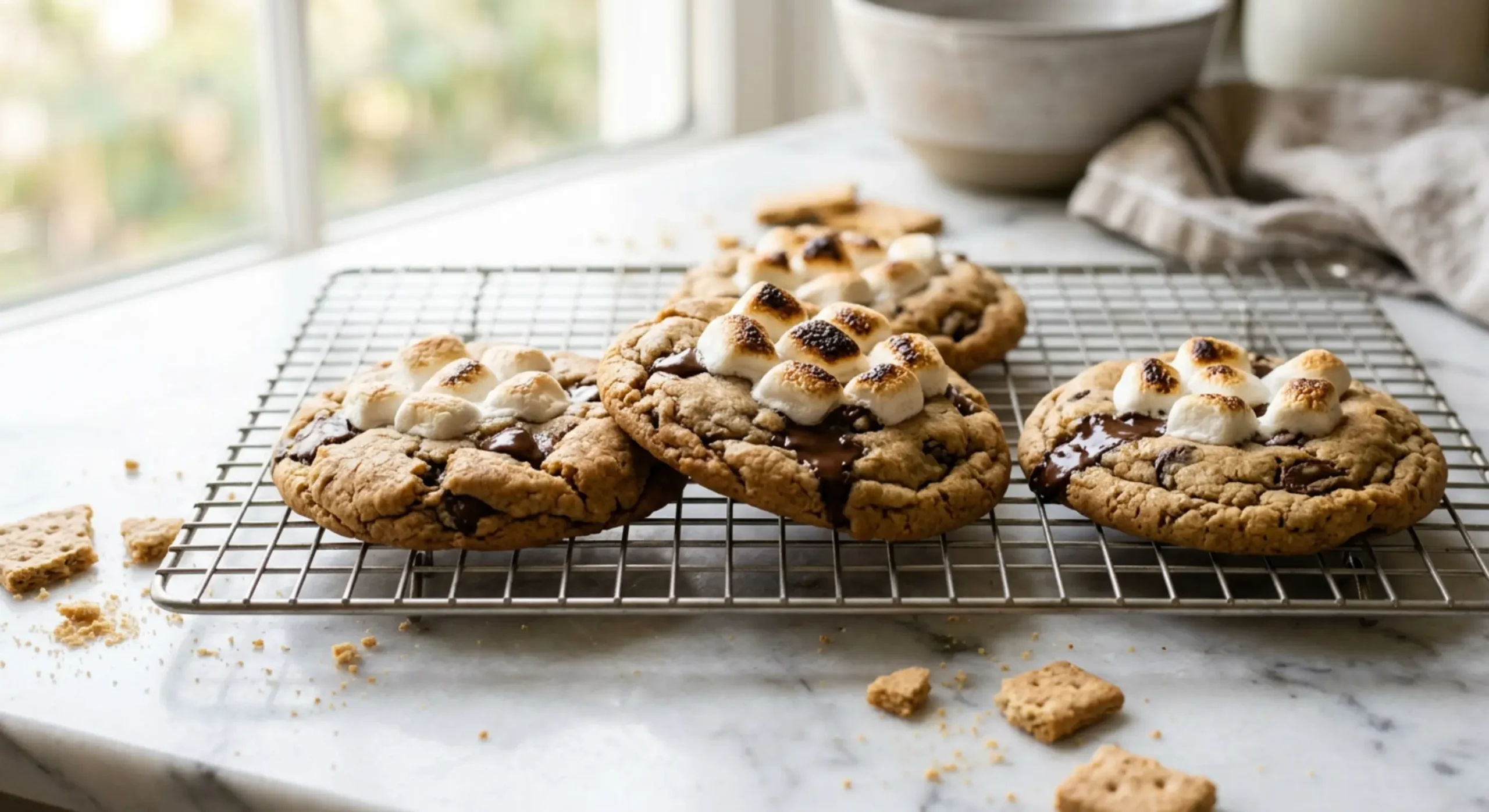 freshly baked s'mores cookies cooling on wire rack with golden toasted marshmallows and melted chocolate pooling on marble surface