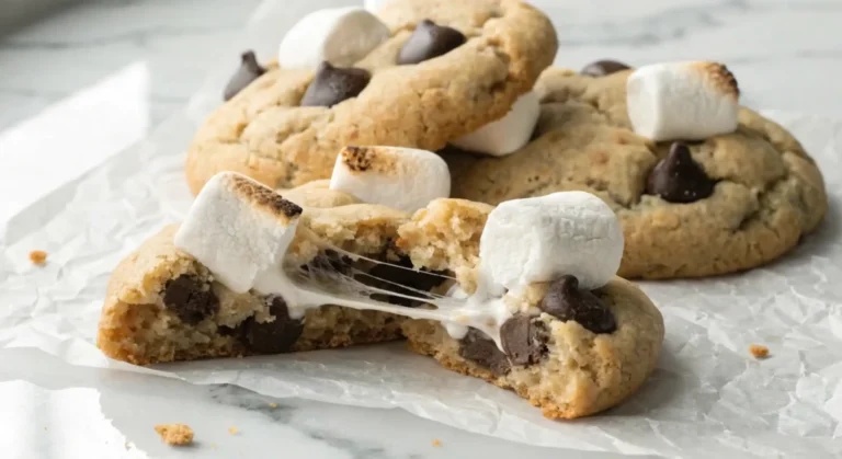 gooey s'mores cookies broken in half showing marshmallow stretch and melted chocolate chips on parchment paper