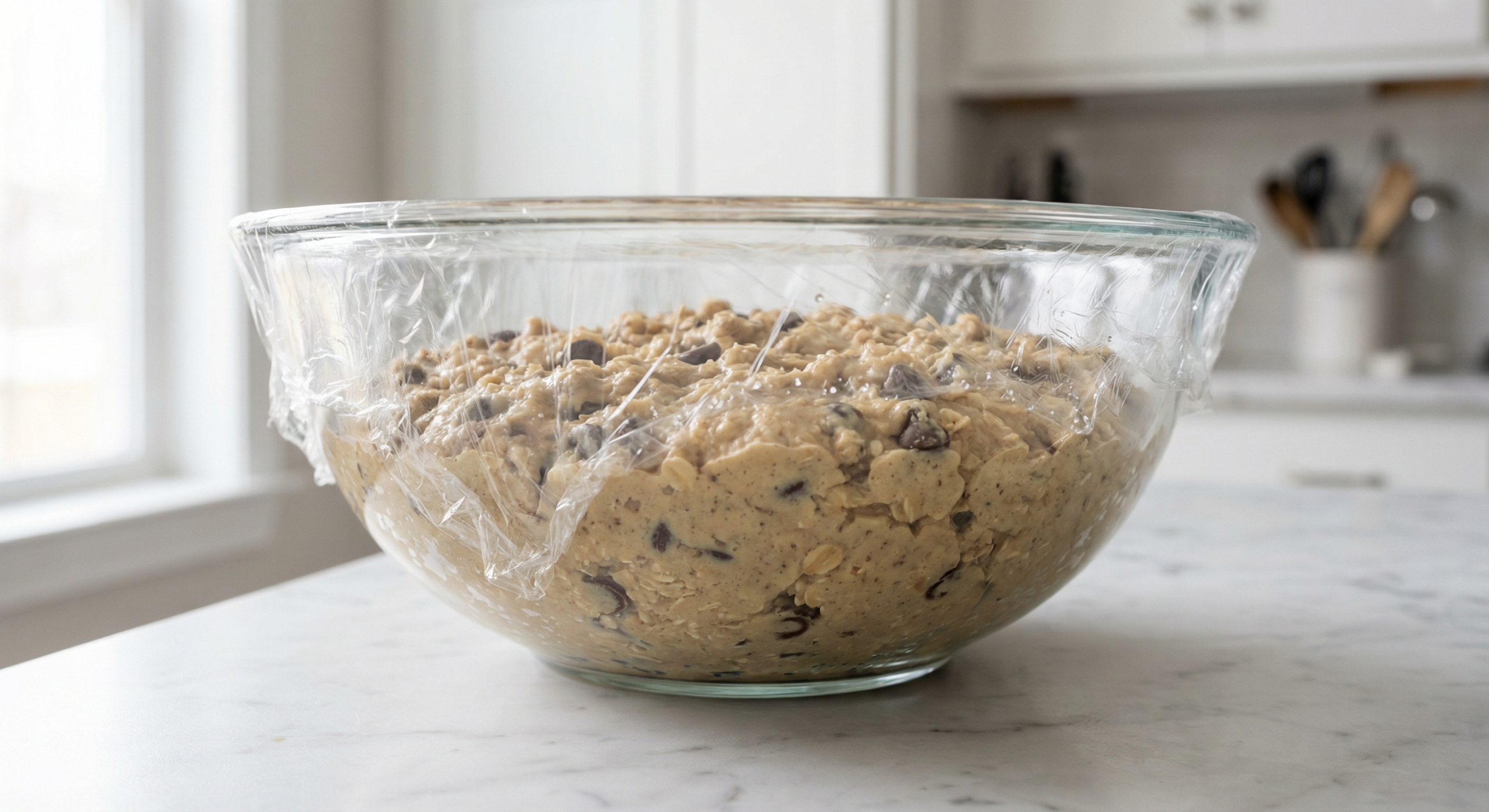 s'mores cookie dough in glass bowl covered with plastic wrap chilling in the refrigerator