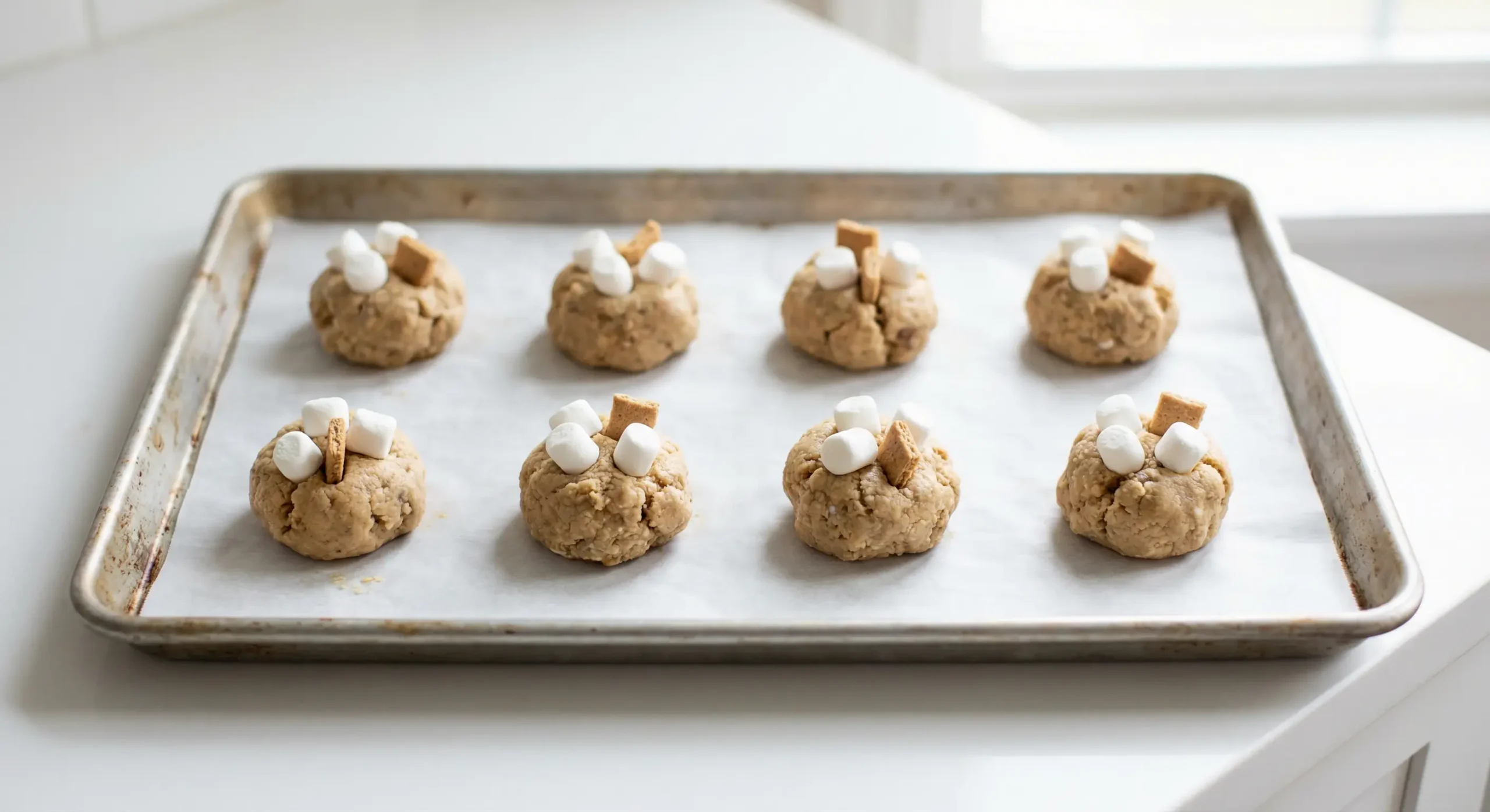 raw s'mores cookie dough balls on parchment lined baking sheet with mini marshmallows and graham cracker pieces pressed on top ready to bake