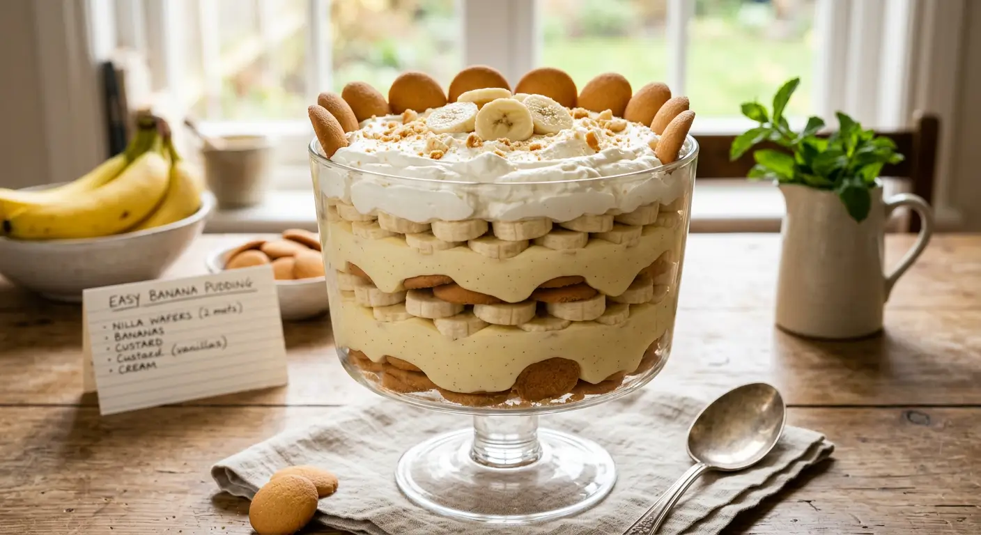 Easy banana pudding recipe in a glass trifle bowl showing layers of Nilla Wafers, banana slices, and vanilla custard topped with whipped cream
