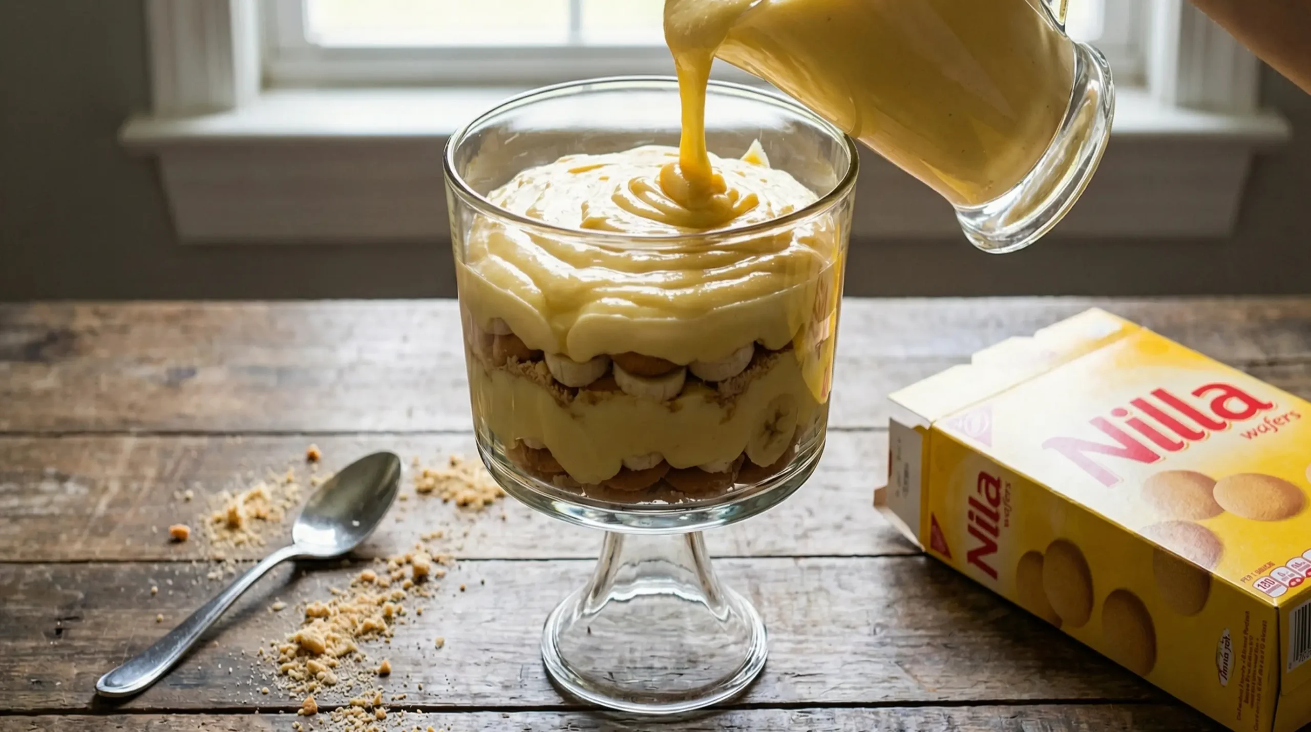 Layering banana pudding in a glass dish showing Nilla Wafers, banana slices, and vanilla custard being poured over the top