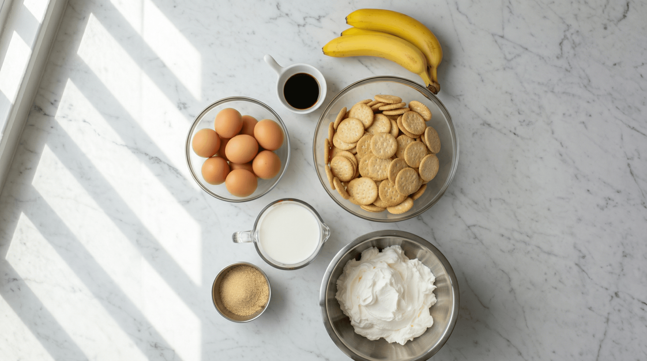 All banana pudding ingredients laid out flat on a marble surface including bananas, Nilla Wafers, eggs, milk, and vanilla