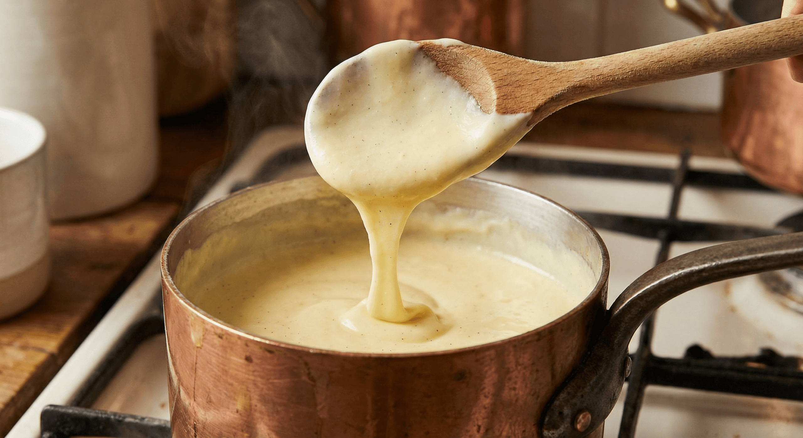 Homemade vanilla custard being stirred in a saucepan, thick and creamy, coating the back of a wooden spoon