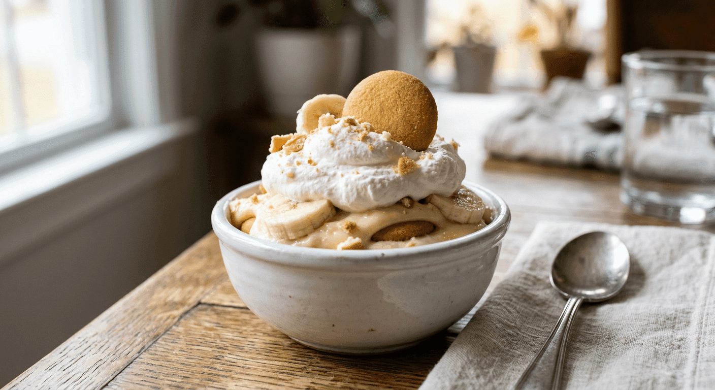 Single serving of banana pudding in a white ceramic bowl topped with whipped cream and a Nilla Wafer