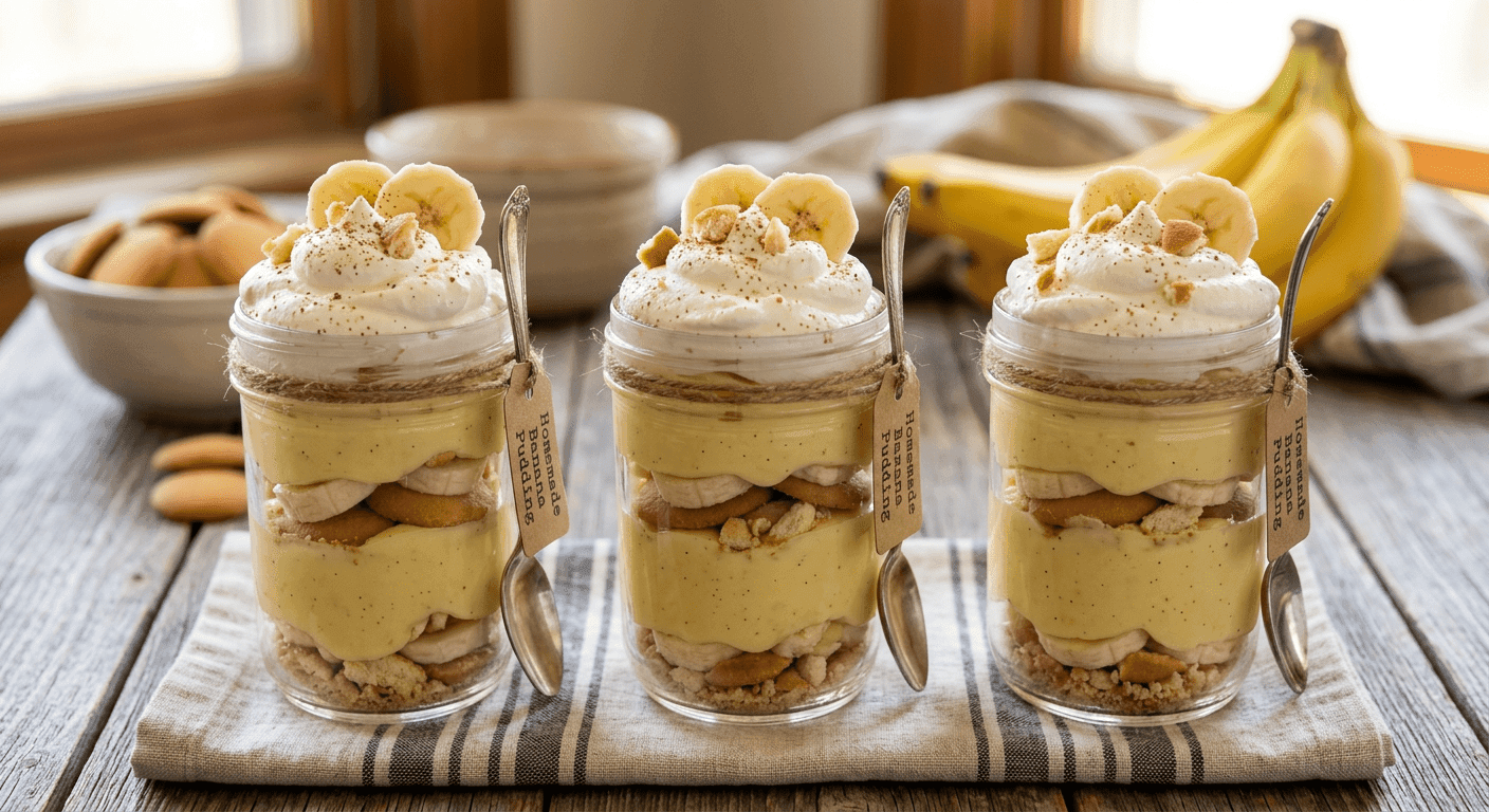 Individual banana pudding servings in clear mason jars showing distinct layers, topped with whipped cream