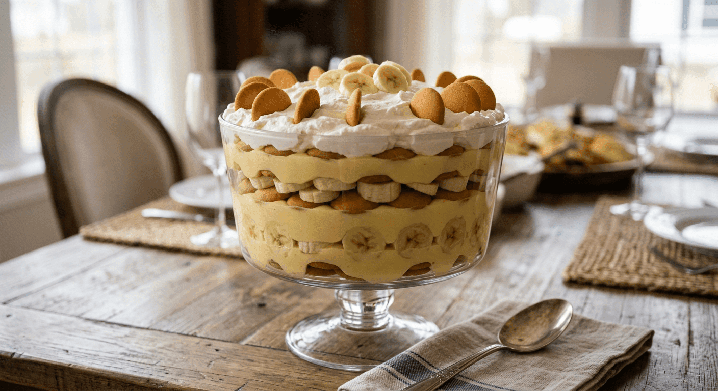 Large glass trifle bowl of classic banana pudding showing distinct layers, topped with whipped cream and Nilla Wafers on a dining table