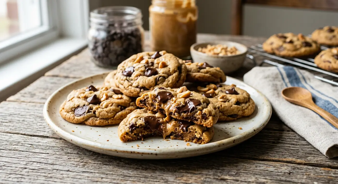Peanut butter chocolate chip cookies on a baking tray