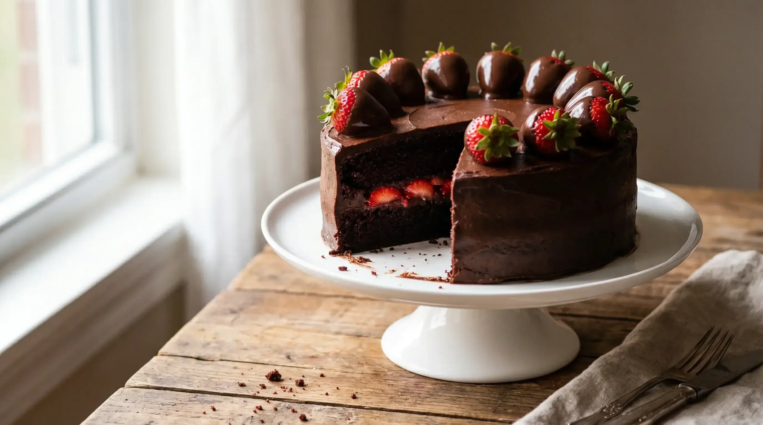 Strawberry chocolate cake with moist dark chocolate layers and fresh strawberry filling