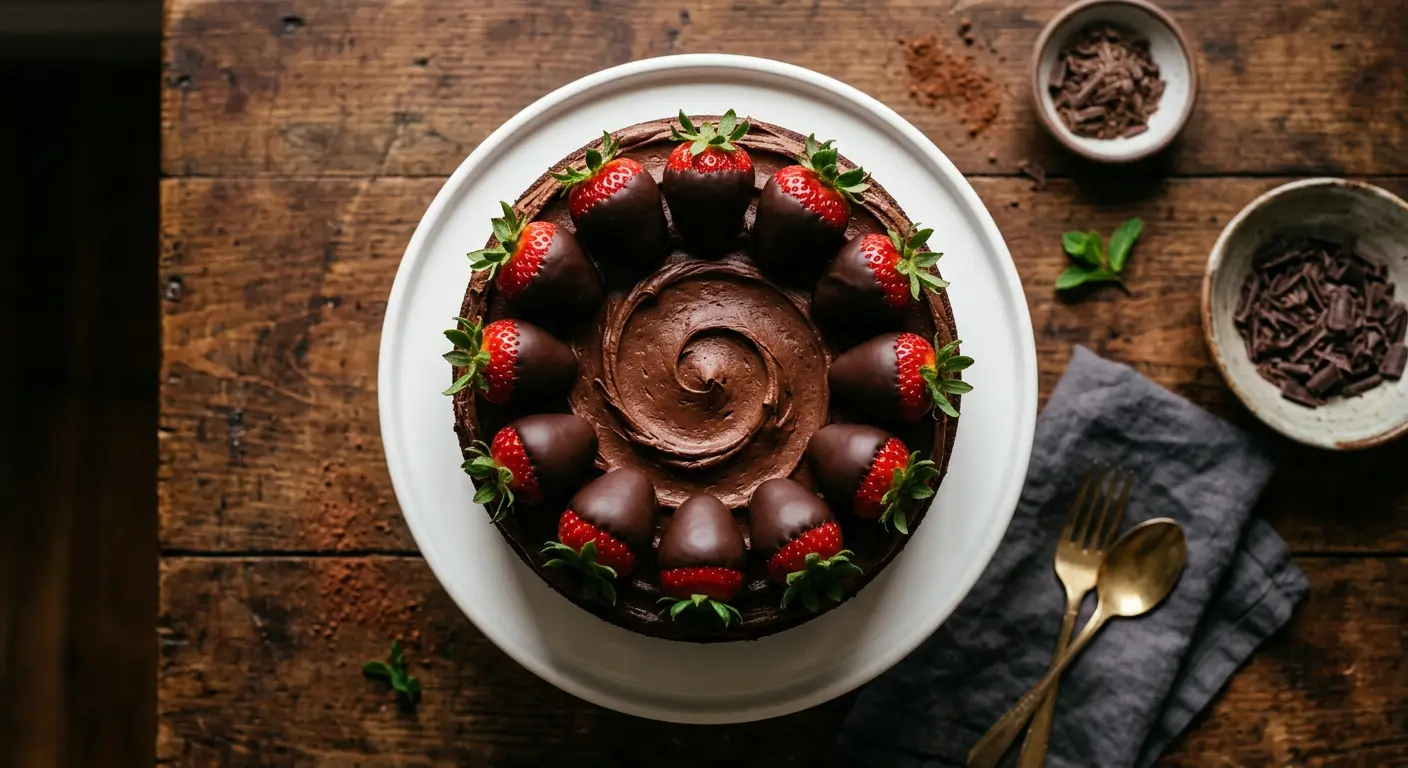 Strawberry chocolate cake with chocolate covered strawberries on a white cake stand, showing moist dark chocolate layers and fresh strawberry filling