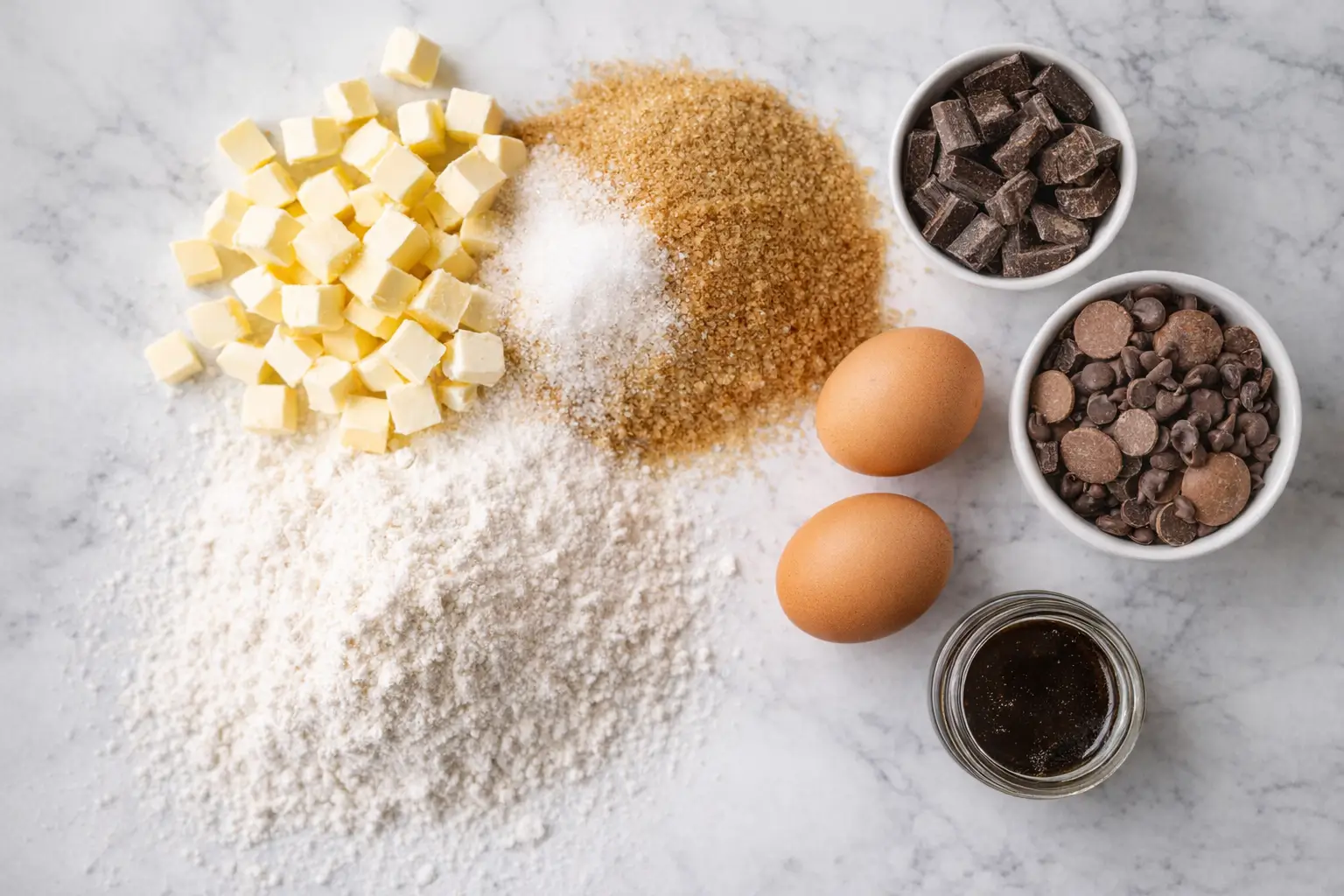triple chocolate chip cookies ingredients flat lay on white marble with cold cubed butter dark milk white chocolate chunks flour eggs and vanilla bean paste