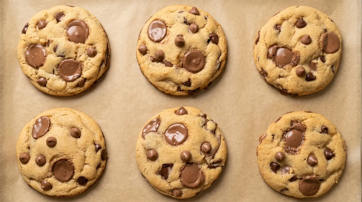 large triple chocolate chip cookies dough balls portioned on parchment lined baking sheet ready to bake with chocolate chunks pressed on top