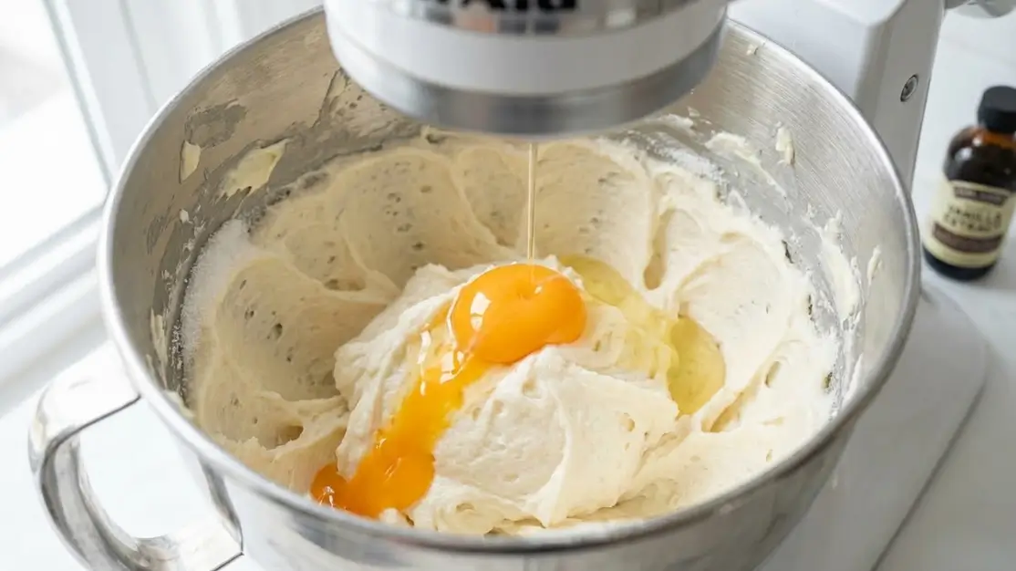 egg being added to creamed butter and sugar mixture in stand mixer bowl with vanilla extract bottle in background for s'mores cookies