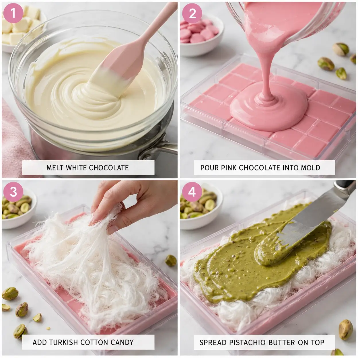 4-panel collage showing the steps of making an Angel Hair chocolate bar: melting, molding, layering, and sealing