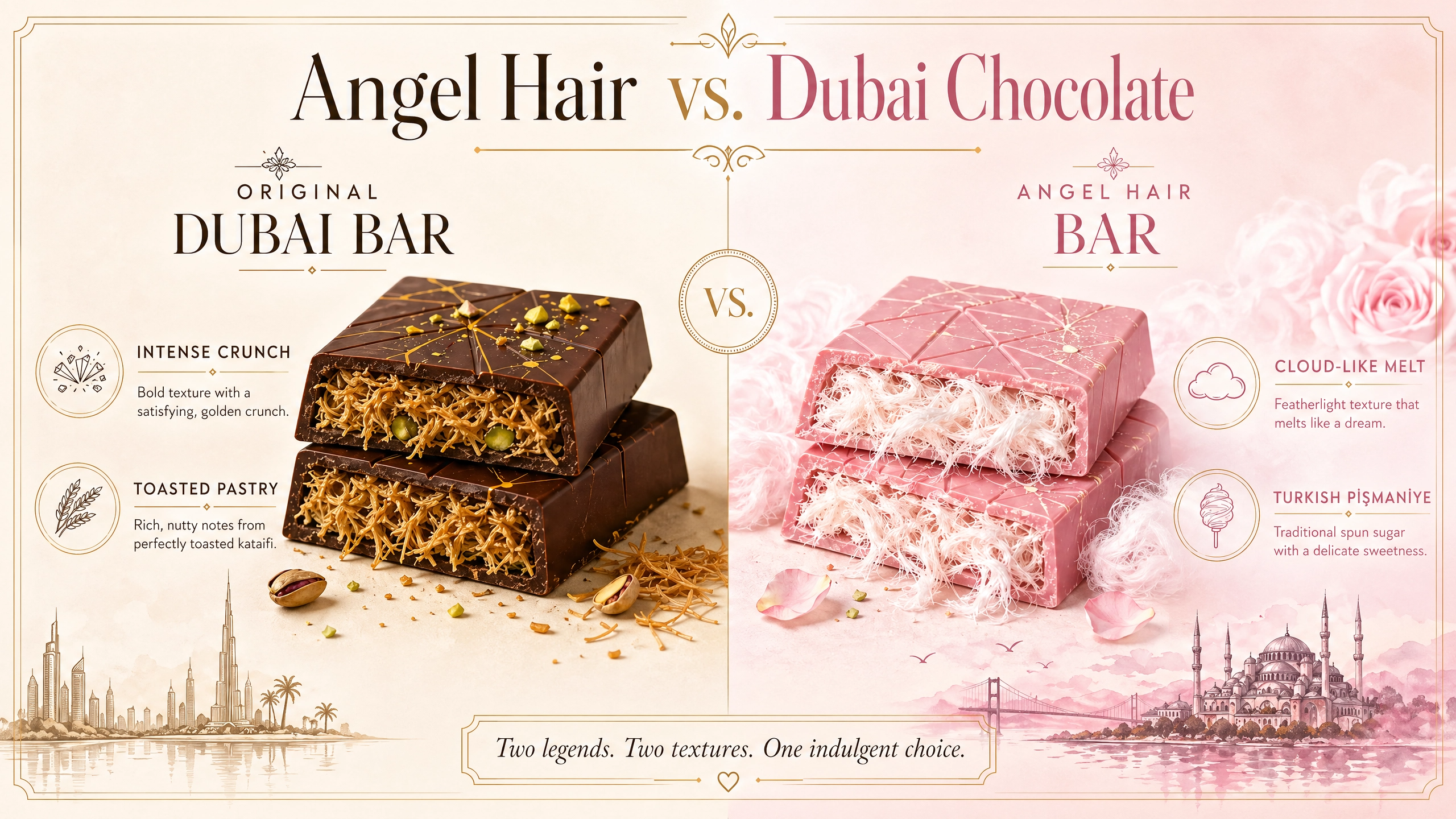 Infographic comparing Angel Hair vs. Dubai Chocolate — texture, flavor, and difficulty
