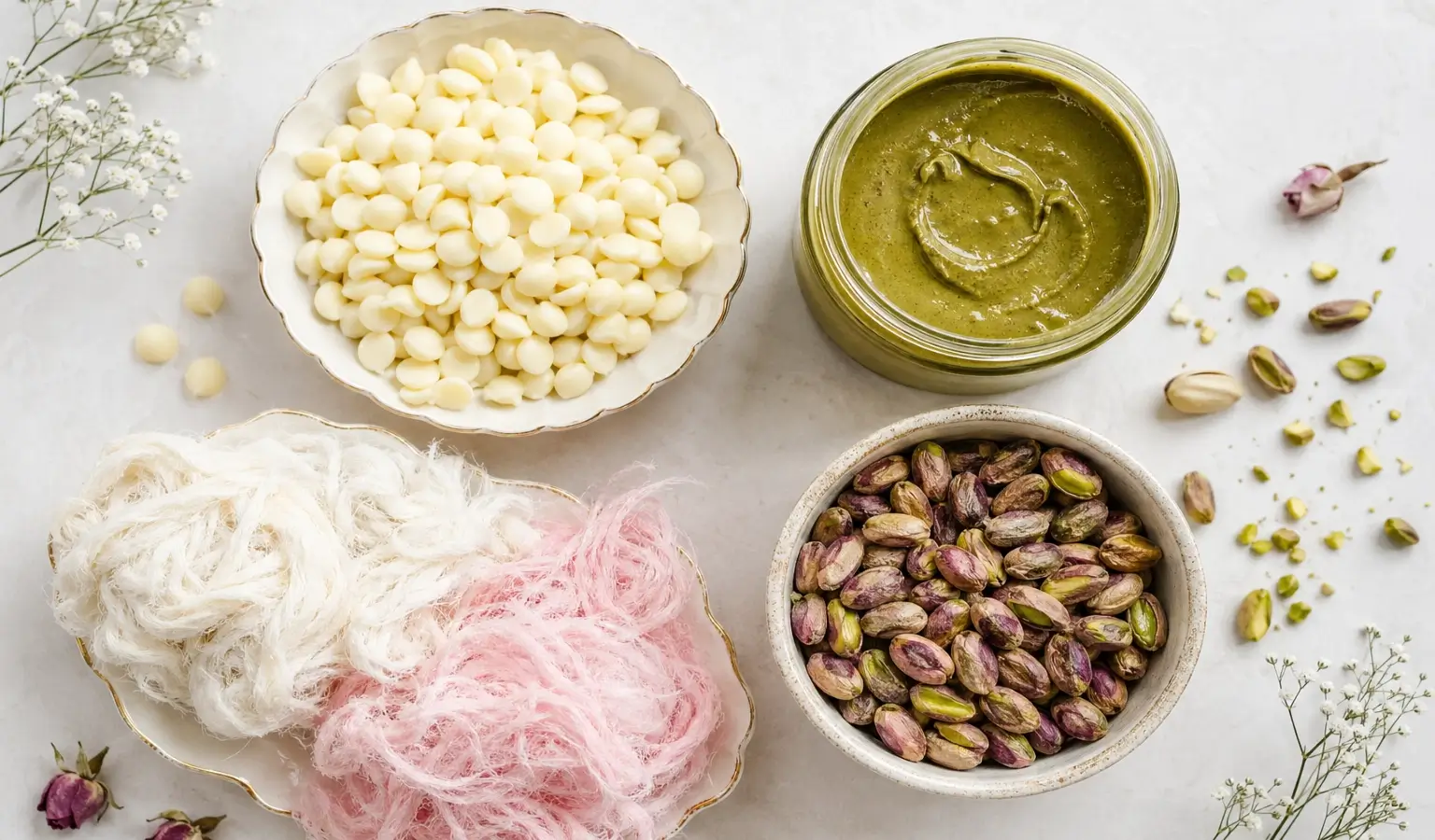 Flat lay of angel hair chocolate ingredients: white chocolate, pistachio butter, and Turkish cotton candy on a marble surface