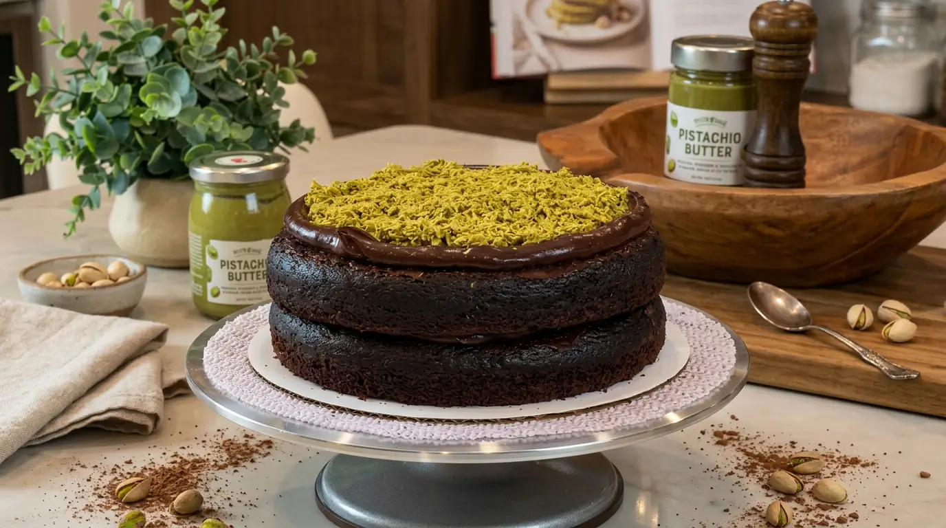 assembling dubai chocolate cake with pistachio cream and toasted kataifi layers on white marble surface