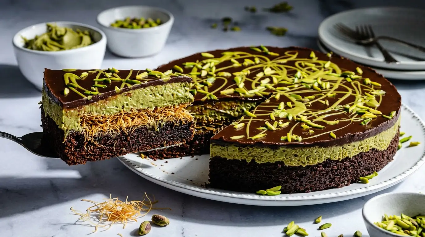 Decadent Dubai chocolate cake with glossy ganache topping