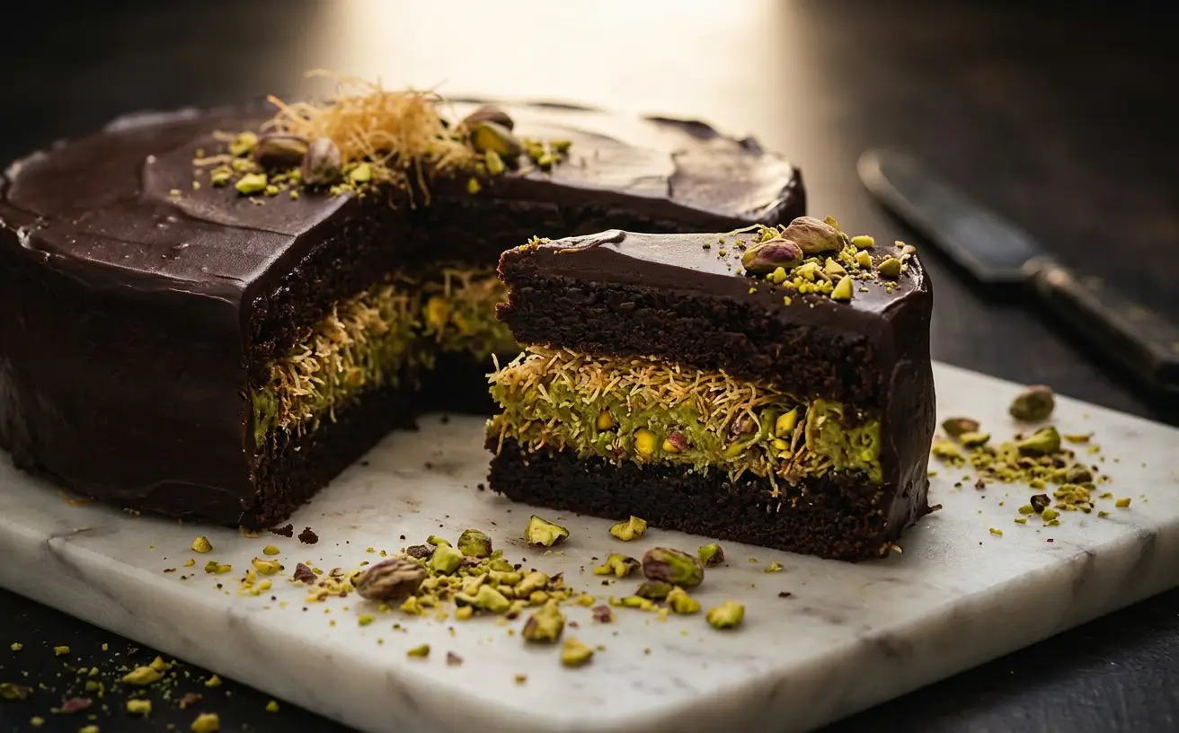 dubai chocolate cake slice with glossy ganache and layered pistachio filling