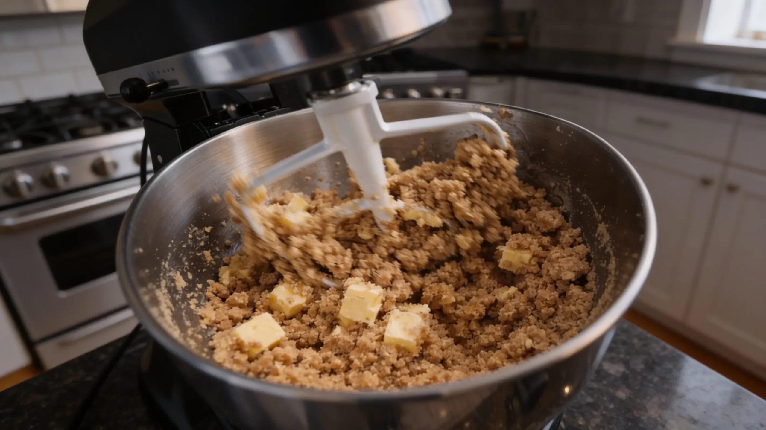 cold cubed salted butter being beaten with granulated and brown sugar in stand mixer for triple chocolate chip cookies