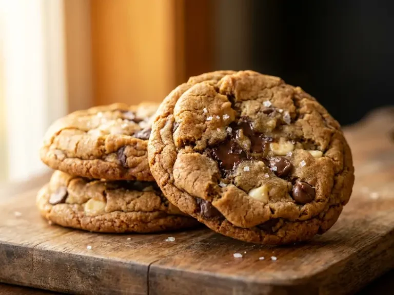 Triple chocolate chip cookies stacked on a white ceramic plate.
