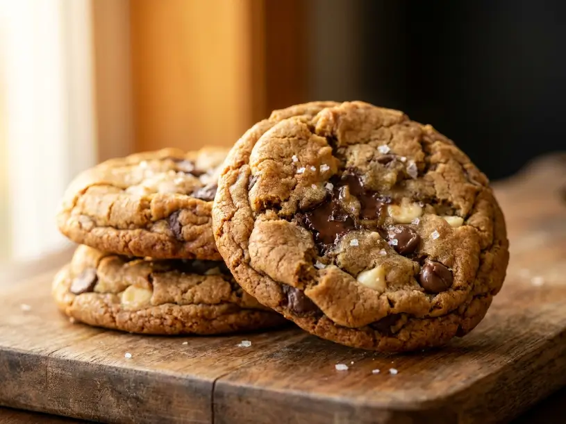 Triple chocolate chip cookies stacked on a white ceramic plate.