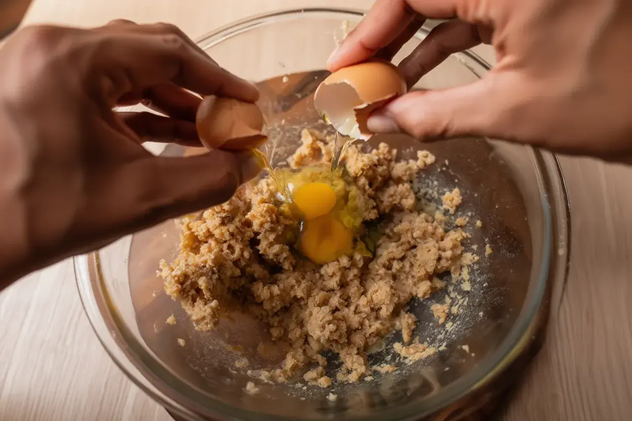 eggs and vanilla bean paste being added to triple chocolate chip cookies dough in stand mixer