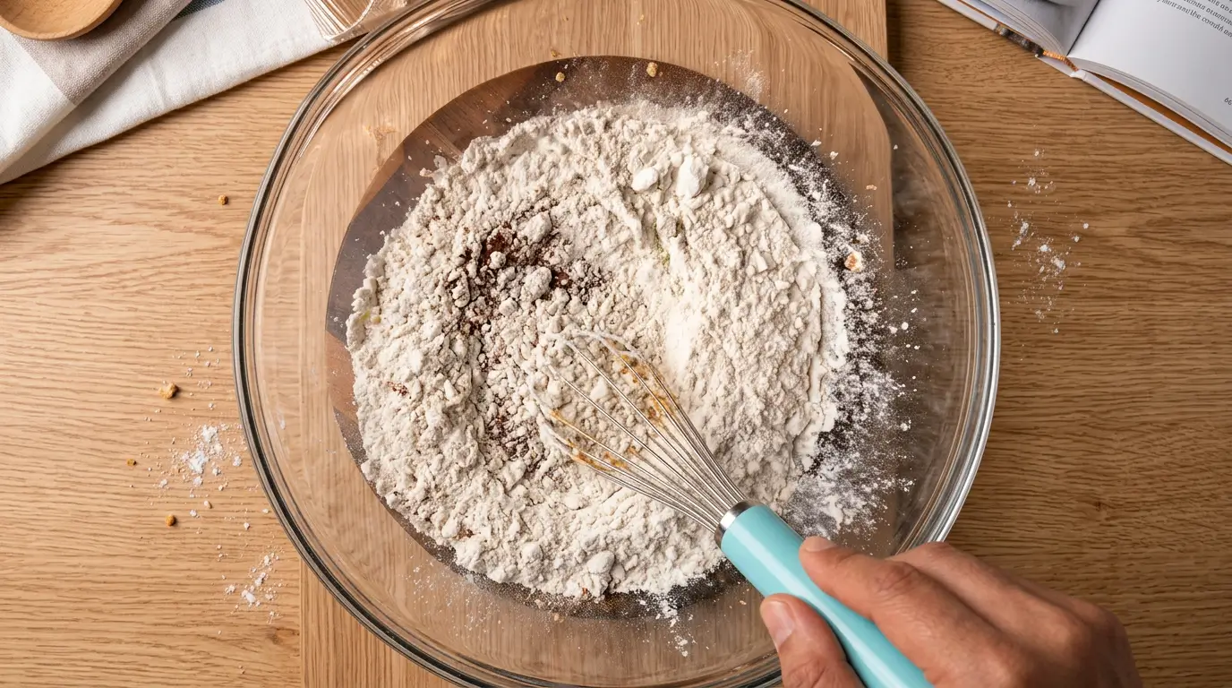 flour baking powder and baking soda being whisked together in glass bowl for triple chocolate chip cookies