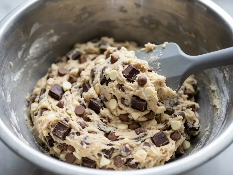 dark milk and white chocolate chunks being folded into triple chocolate chip cookies dough with rubber spatula